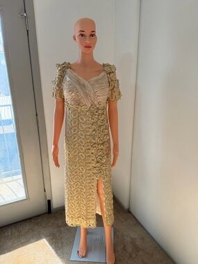 Vintage Gold Lace Beaded Dress Handmade Elegant Evening Formal Midi Dress